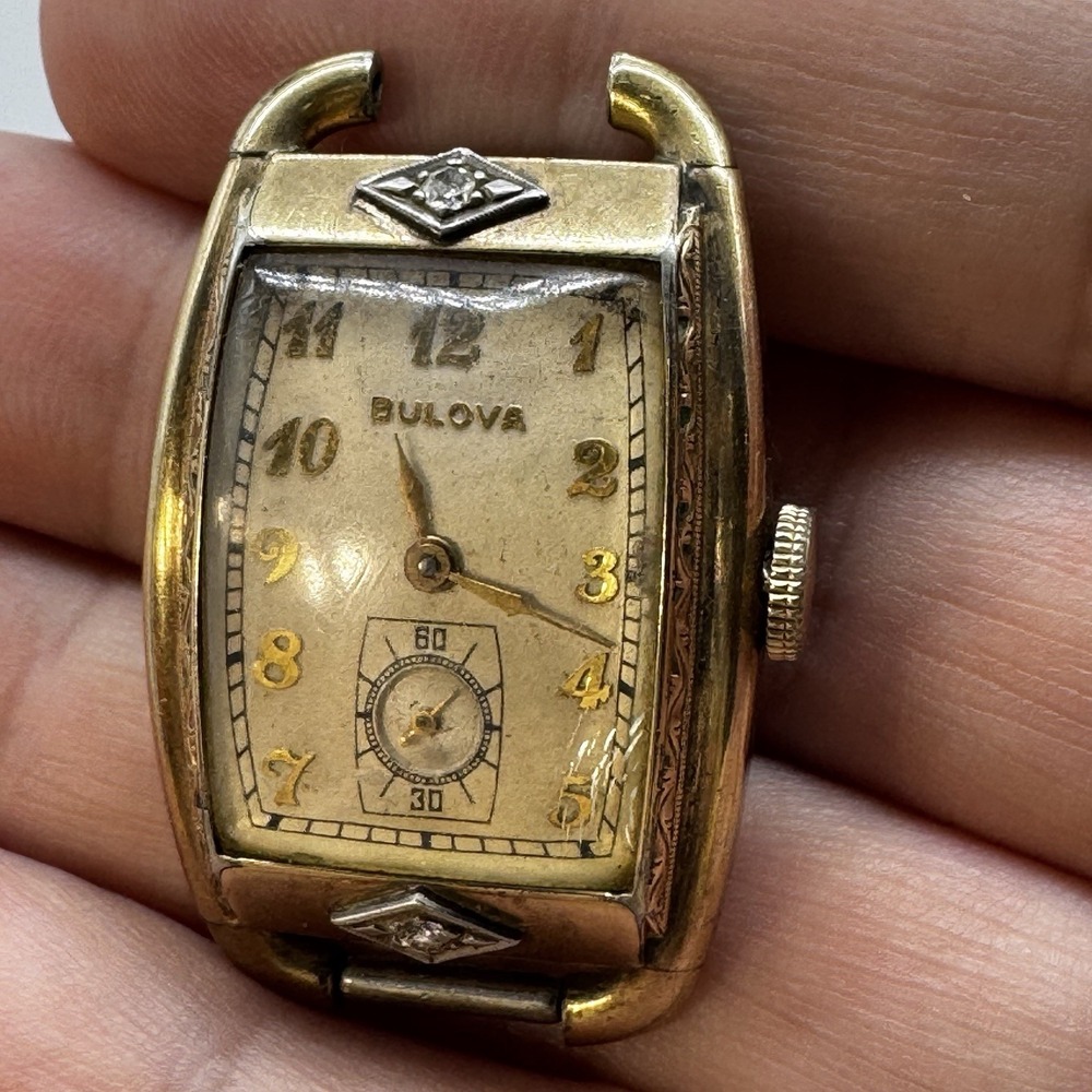 Vtg Bulova Art Deco Watch 10K GF Gold Filled Diamond Accents 21J 10AX WORKS!